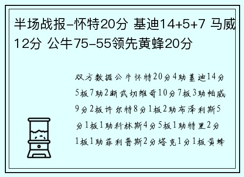 半场战报-怀特20分 基迪14+5+7 马威12分 公牛75-55领先黄蜂20分